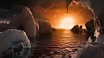 Уяўленне мастака аб паверхні планеты TRAPPIST-1f (пятай па ліку), якая знаходзіцца ў цэнтры населенай зоны.