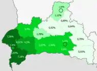 Украінцы ў вобласці     >6%     4–6%     2–4%     1–2%     <1%