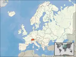  সুইজারল্যান্ড-এর অবস্থান (কমলা)on the European continent-এ (সাদা)