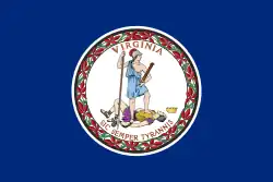 Navy blue flag with the circular Seal of Virginia centered on it.