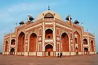 Humayun's tomb (reddish coloured against the sky