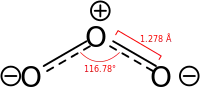 Skeletal formula of ozone with partial charges shown with some dimensions