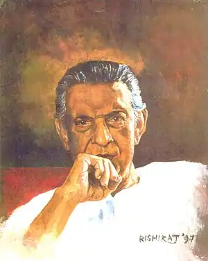 A portrait of Satyajit Ray wearing a white Kurta and right-hand kept on his chin