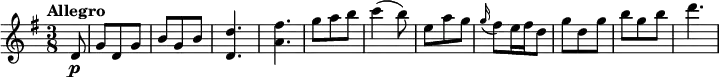 
  \relative c'' {
    \version "2.18.2"
    \key g \major
    \tempo "Allegro"
    \time 3/8
    \tempo 4 = 160
   \partial 2 d,8 \p  
   g d g b g b
   <d, d'>4.
   <a' fis'>4.
   g'8 a b
   c4 (b8)
   e,8 a g
  \grace g16 (fis8) e16 fis d8
  g d g b g b
  d4.
  }
