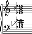 
\new PianoStaff \with {
  \omit Score.SpanBar
  \omit Score.BarLine
  \omit Score.TimeSignature
} <<
  \new Staff \relative c'' {
    \clef "treble" <des bes g es>1 }
  \new Staff \relative c' {
    \clef "bass" <es ces aes fes>1 }
>>
