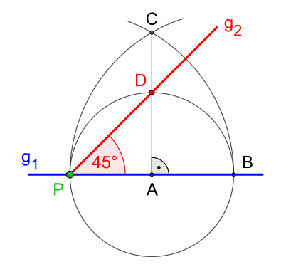 Bild 4: Antragen eines 45°-Winkels an eine Gerade in einem gegebenen Scheitelpunkt, auch möglich mithilfe eines kollabierenden Zirkels