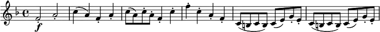  \relative f' {
\key f \major \time 4/4
f2-. \f a-. | c4( a) f-. a-. | c8( a) c-. a-. f4-. c'-.
f4-. c-. a-. f-. | c8( b c b) c( e) g-. e-. | c8( b c b) c( e) g-. e-.
} 