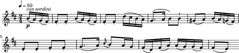 
\relative c'' {
    \version "2.18.2"
    \key d \major
    \time 2/4
    \tempo 4 = 50	
    \tempo "Andantino grazioso"
    \partial 4  b16\p^\markup {\italic {con sordini}}  (a) g (fis)
    fis8-. fis-. b16 (a) g (fis)
    fis8-. fis-. d'16 (cis b a)
    g8. (a16 b8) b-!
    gis8 (a) b16 (a) g (fis)
    e8-. e-. fis-. fis-.
    g8. (a16)   \grace cis16 (b8) a16 g
    fis16 (d) fis (a) a (g) g (fis)
    fis8 (e)
  }
