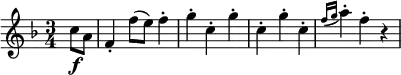  \relative c'' {
   \key f \major \time 3/4
   \partial 4 c8 \f a
   f4-. f'8( e) f4-.
   g4-. c,-. g'-.
   c,4-. g'-. c,-.
   \grace { f16( g } a4-.) f-. r
} 