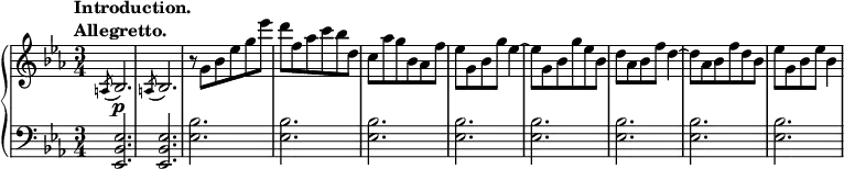 
 \relative c' {
  \new PianoStaff <<
   \new Staff { \key c \minor \time 3/4
    \tempo \markup {
     \column {
      \line { Introduction. }
      \line { Allegretto. }
 }
   }
     { \slashedGrace a8( bes2.) \slashedGrace a8( bes2.) r8 g' bes ees g ees' d f, aes c bes d, c aes' g bes, aes f' ees g, bes g' ees4~ ees8 g, bes g' ees bes d aes bes f' d4~ d8 aes bes f' d bes ees g, bes ees bes4}
   }
   \new Dynamics {
    s\p
      }
   \new Staff { \key c \minor \time 3/4 \clef bass
     {\slashedGrace s8 <ees,,, bes' ees>2. <ees bes' ees> <ees' bes'>2. <ees bes'> <ees bes'> <ees bes'> <ees bes'> <ees bes'> <ees bes'> <ees bes'>}
   }
  >>
 }
