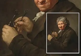 Der Grafiker und Illustrator Daniel Chodowiecki hält seine Schläfenbrille in den Händen, 1798 / Berlin