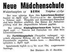 Inserat für die Neue Mädchenschule Bern am Waisenplatz