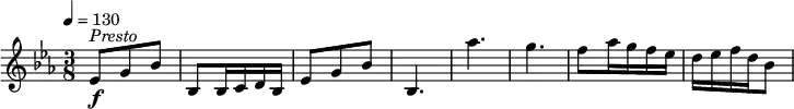 
\relative c' {
  \version "2.18.2"
  \key es \major
  \time 3/8
  \tempo 4 = 130
  es8\f^\markup { \italic Presto } g  bes
  bes, bes16 c d bes
  es8 g  bes
  bes,4. aes''4. g
  f8 aes16 g f ees d ees f d bes8
}
