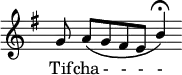 \relative c'' { \override Staff.TimeSignature #'stencil = ##f  \key g \major g8  \phrasingSlurDown a[\( g fis e] \voiceOne b'4\fermata\) } \addlyrics { Tif -- cha - - - - }