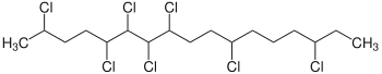 Struktur von 2,5,6,7,8,11,15-Heptachlorheptadecan als Beispiel eines mittelkettigen Chlorparaffins mit einem Chlorgehalt von 52 Massenprozent