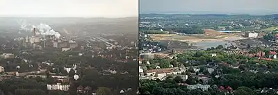 Blick auf Phoenix-Ost vom Florianturm. Links das Stahlwerk im Juli 2000, rechts das geräumte Areal im August 2010