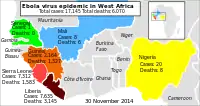 Ebolavirus-Epidemie in Westafrika 2014, betroffene Länder und Zahl der infizierten Personen bzw. Zahl der Todesfälle (inkl. Verdachtsfälle)