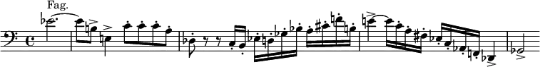 {\clef bass \partial 2.
es'2.~^\markup{Fag.}
es'8 b!\accent e!4\accent c'8\staccato c'\staccato c'\staccato a\staccato
des8\staccato r8 r8 c16\staccato b,\staccato es\staccato d\staccato ges\staccato bes\staccato a\staccato cis'\staccato f'!\staccato b!\staccato
e'!4\accent~ e'16 c'\staccato a\staccato fis\staccato es\staccato c\staccato as,\staccato f,!\staccato des,4\accent
ges,2\accent
}