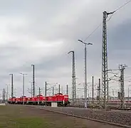 Eine DB 294 hinter drei DB 296 am 24. Mai 2018 auf der noch nicht in Betrieb genommenen ZBA Halle-Nord