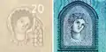 Europa auf der 20-Euro-Banknote: Porträt-Wasserzeichen und Porträt-Fenster