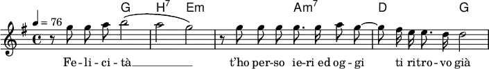 {
<< \new ChordNames { \chordmode { s2 g2 h:7 e1:m a2:m7 d g} }
   \new Staff \relative g'' { \tempo 4 = 76 \key g \major \time 4/4 \autoBeamOff r8 g g a h2( a g) r8 g g g g8. g16 a8 g ~ g fis16 e e8. d16 d2 }
   \addlyrics { Fe -- li -- ci -- tà __ t’ho per -- so ie -- "ri ed" og -- gi ti ri -- tro -- vo già }
>>}