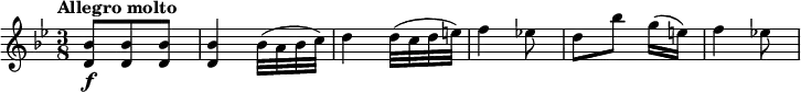 
\relative c'' {
  \version "2.18.2"
  \key bes \major
   \time 3/8
   \tempo "Allegro molto"
  \tempo 4 = 140
  <d, bes'>8 \f <d bes'> <d bes'>
   <d bes'>4 bes'32 (a bes c)
   d4 d32 (c d e)
   f4 ees!8
   d [ bes'] [g16 (e)]
   f4 ees!8
}
