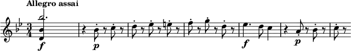 
\relative c''' {
  \tempo "Allegro assai"
  \key bes \major
  \time 3/4
  \tempo 4 = 100
  <<
    { bes2.\f | } \\
    { \stemUp <bes, d,>4 s2 | }
  >>
  r4 bes8-.\p r c-. r |
  d8-. r es-. r e-. r |
  f8-. r g-. r d-. r |
  es4.\f d8 c4 |
  r4 a8-.\p r bes-. r |
  c8-. r
}
