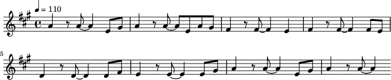 
  \relative c {
  \key a \major
  \tempo 4 = 110
a''4 r8 a8~ a4 e8 gis8 |a4 r8 a8~ a8 e8 a8 gis8 |
fis4 r8 fis8~ fis4 e4 |fis4 r8 fis8~ fis4 fis8 e8 |
d4 r8 d8~ d4 d8 fis8 |e4 r8 e8~ e4 e8 gis8 |
a4 r8 a8~ a4 e8 gis8 |a4 r8 a8~ a4
}
