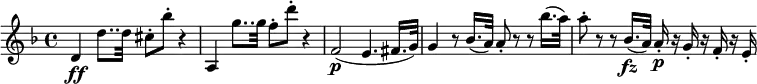 
\relative d' { \key d \minor \time 4/4
d4 \ff d'8.. d32 cis8-. bes'-. r4 | a,,4 g''8.. g32 f8-. d'-. r4
f,,2( \p e4. fis16. g32) | g4 r8 bes16.( a32) a8-. r r bes'16.( a32)
a8-. r r bes,16.( \fz a32) a16-. \p r g-. r f-. r e-.
}
\layout { \context {\Score
  \override SpacingSpanner.common-shortest-duration = #(ly:make-moment 1/8)
} } 