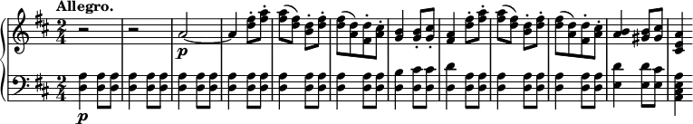 
 \relative b' {
  \new PianoStaff <<
   \new Staff { \key b \minor \time 2/4
    \tempo \markup {
     \column {
      \line { Allegro. }
 }
   }
    r2 r a2~\p a4 <d fis>8-. <fis a>8-. <fis a>8( <d fis>) <b d>8-. <d fis>8-. <d fis>8[( <a d>) <fis d'>8-. <a cis>8-.] <g b>4 <g b>8-. <g cis>8-. <fis a>4 <d' fis>8-. <fis a>8-. <fis a>8( <d fis>) <b d>8-. <d fis>8-. <d fis>8[( <a d>) <fis d'>8-. <a cis>8-.] <a b>4 <gis b>8 <gis cis>8 <cis, e a>4
   }
   \new Dynamics {

    }
   \new Staff { \key b \minor \time 2/4 \clef bass
    <d, a'>4\p <d a'>8 <d a'> <d a'>4 <d a'>8 <d a'> <d a'>4 <d a'>8 <d a'> <d a'>4 <d a'>8 <d a'> <d a'>4 <d a'>8 <d a'> <d a'>4 <d a'>8 <d a'> <d b'>4 <d cis'>8 <d cis'> <d d'>4 <d a'>8 <d a'> <d a'>4 <d a'>8 <d a'> <d a'>4 <d a'>8 <d a'> <e d'>4 <e d'>8 <e cis'> <a, cis e a>4
   }
  >>
 }
