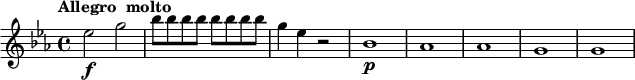 
\relative c'' {
   \version "2.18.2"
   \key es \major
   \tempo "Allegro  molto"
   \tempo 4 = 150
   es2\f g |
  \repeat unfold 8 { bes8 } |
  g4 es r2 |
  bes1\p | as | as | g | g |
}
