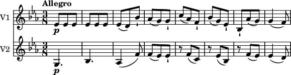 
<<
  \new Staff \with { instrumentName = #"V1 "}
  \relative c'' {
     \version "2.18.2"
     \key ees \major
     \tempo "Allegro"
     \time 3/8
    \tempo 4 = 120
   ees,8\p ees ees
   ees ees ees
   ees (d) bes'-!
   aes8 (g) g-!
   c8 (aes) f-! bes (g) ees-!
   bes-! aes' (g) g4 (f8)
  }
  \new Staff \with { instrumentName = #"V2 "}
  \relative c'' {
    \key ees \major
    \time 3/8
    g,4.\p bes aes4 (f'8)
    f (ees) ees-!
    r8 f (c)
    r8 ees (bes)
    r8 f' (ees)
    ees4 (d8)
    }
>>
