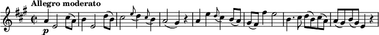 
\relative c'' {
  \version "2.18.2"
  \key a \major
  \time 2/2
  \tempo "Allegro moderato"
  \tempo 4 = 120 
  a4\p e2 cis'8( a) |\noBreak
  b4 e,2 d'8( b) |\noBreak
  cis2 \appoggiatura e8 d4 \appoggiatura cis8 b4 |\noBreak
  a2( gis4) r |\noBreak
  a4 e' \appoggiatura d8 cis4 b8( a) |\noBreak
  gis8( fis) fis'4 e2 |\noBreak
  b4. cis8 d8( b) cis( a) |\noBreak
  a( gis) b( gis) e4 r
}
