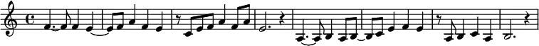 
\relative c'
{ \key c \major
  f4.~ f8 f4 e4~ | e8 f8 a4 f4 e4 | r8 c8 e8 f8 a4 f8 a8 |  e2. r4 |
  a,4.~ a8 b4 a8 b8~ | b8 c8 e4 f4 e4 | r8 a,8 b4 c4 a4 | b2. r4 }
