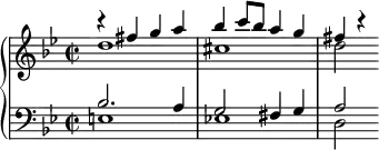 
\version "2.14.2"
\header {
  tagline = ##f
        }
upper = \relative c'' {
  \clef treble
  \key g \minor
  \time 2/2
  \tempo 2 = 104
  %\autoBeamOff

       <<
         {
           \voiceOne
           r4 fis g a bes c8 bes a4 g fis r4
         }
         \new Voice {
           \voiceTwo
           d1 cis d2
         }
       >>
                }

lower = \relative c' {
  \clef bass
  \key g \minor
  \time 2/2

       <<
         {
           \voiceOne
           bes2. a4 g2 fis4 g a2
         }
         \new Voice {
           \voiceTwo
           e1 es! d2
         }
       >>
}

\score {
  \new PianoStaff <<
    \new Staff = "upper" \upper
    \new Staff = "lower" \lower
  >>
  \layout {
    \context {
      \Score
      \remove "Metronome_mark_engraver"
    }
  }
  \midi { }
}
