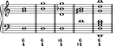 
\new PianoStaff <<
 \new Staff {
\override Staff.TimeSignature.transparent = ##t
    \new Voice = "right" {
      \relative c'' { \clef treble <g b>1 \bar "||" <b g'> \bar "||" <d, bes' g'> \bar "||" <gis b> \bar "||" <g d' b'> \bar "||"
      }
    }
  }
  \new Staff {
\override Staff.TimeSignature.transparent = ##t
    \new Voice = "left" {
      \relative c { \clef "bass" d1 d d d' <d,, d' g b d>
      }
    }
  }
  \new FiguredBass {
    \figuremode { <6 4>1 <6 4> <6- 4> <6 4+> <6 4>
    }
  }
>>
