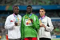 Die Medaillengewinner LaShawn Merritt, Kirani James, Kévin Borlée (v. l. n. r.) auf dem Podium