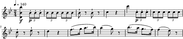 
\relative c'' {
  \version "2.18.2"
  \key bes \major
  \time 2/4
  \tempo 4 = 140
  \tempo "Allegro assai"
  <d, bes' bes'>4 \f \tuplet 3/2 {bes'8-.\p bes-. bes-. }
   \tuplet 3/2 {bes bes bes} \tuplet 3/2 {bes bes bes}
   bes8-! r8 bes8-! r8
   c4 r4
   c' \tuplet 3/2 {c,8-.\p c-. c-. }
   \tuplet 3/2 {c c c} \tuplet 3/2 {c c c}
   c8-! r8 ees-! r8
   d4 r4
   f8. (g16 a8. bes16)
   a4 (g8) r8
   bes8. (a16 g8. f16)
   f4 (ees8) r8
}
