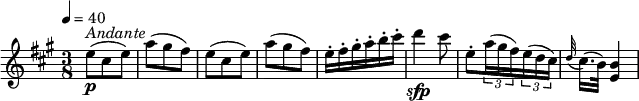 
\relative c'' {
    \version "2.18.2"
    \key a \major
    \tempo 4 = 40
    \time 3/8
    e8\p^ \markup { \italic  Andante }  (cis e)  a (gis fis) e   (cis e)  a (gis fis)
    e16-. fis-. gis-. a-. b-. cis-.
    d4\sfp cis8
    e,-. \tuplet 3/2 {a16 (gis fis) } \tuplet 3/2 { e (d cis) }
   \appoggiatura d32 cis16. (b32) < e, b'>4
  }
