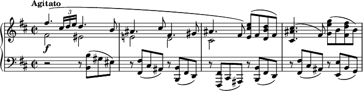 
{ \new PianoStaff {<<
   \new Staff {<<
      \relative fis'' { \key b \minor \time 2/2 \stemUp \slurUp \dotsUp \tempo "Agitato"
         fis4.( _\markup{ \dynamic "f" } \times 2/3 { cis16 d e } d4. b8 ais4. cis8 fis,4. gis8 ais4. fis8) \stemNeutral <e cis' e>( fis <d b' d> fis) <cis ais' cis>4.( fis8) <g e' g>8( b <fis d' fis> b)
      }
      \relative fis' { \key b \minor \time 2/2 \stemDown fis2 eis e! d cis}
   >>}
   \new Staff {\key b \minor \time 2/2 \clef "bass" \relative b, {
      r2 r8 <b b'>( gis' eis) r8 <fis, fis'>( cis' ais) r8 <b, b'>( fis' d)
      r8 <fis, fis'>( cis' ais) r8 <b b'>( fis' d) r8 <fis fis'>( cis' ais) r8 <e e'>( b' g)}}
>>}}
