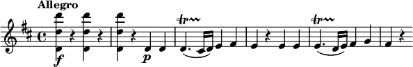 
\relative c' {
  \tempo "Allegro"
  \version "2.18.2"
  \key d \major
  \tempo 4 = 120
  <d d' d'>4\f r q r |
  q4 r d\p d |
  d4.\startTrillSpan( cis16\stopTrillSpan d) e4 fis |
  e4 r e e |
  e4.\startTrillSpan( d16\stopTrillSpan e) fis4 g |
  fis4 r
}
