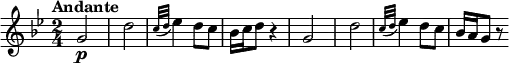 
\relative c'' {
  \version "2.18.2"
  \key bes \major
  \tempo "Andante"
  \time 2/4
   \tempo 4 = 50
   g2\p d'
   \grace {c32 (d} ees4) d8 c
   bes16 c d8 r4
   g,2 d'
   \grace {c32 (d32} ees4) d8 c8
   bes16 a g8 r8
}
