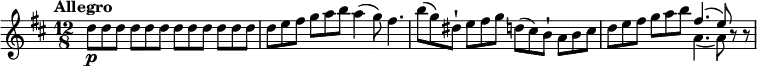 
\relative c' {
         \clef "treble" 
         \version "2.18.2"
         \tempo "Allegro" 
         \key d \major
         \time 12/8
        \tempo 4 = 130
                  d'8\p d d d d d d  d d d d d
                  d e fis g a b a4 (g8) fis4.
                  b8 (g) dis-! e fis g d (cis) b-! a b cis
                  d e fis g a  b << {fis4. (e8)} \\  {a,4. (a8)}>> r8 r8
}
