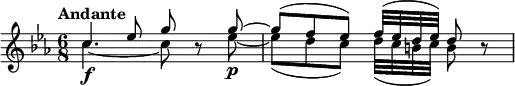 \relative c'' {
\key c \minor
\time 6/8
\tempo "Andante"
\mergeDifferentlyDottedOn
\set Staff.midiInstrument = "vibraphone"
<< { c4 ees8 g8 } \\ \relative c'' { c4.~\f c8 } >>
\oneVoice r8
<< { g8~ g8 (f8 ees8) f32 [(ees32 d32 ees32)] d8} \\ { ees8~\p ees8 (d8 c8) d32 [(c32 b32 c32)] b8} >>
\oneVoice r8
}