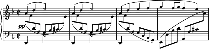 
{ \new PianoStaff \with {
    \override StaffGrouper.staff-staff-spacing = #'((basic-distance . 11)(padding . 4))}{<<
   \new Staff = "right" {<<
      \relative a' { \key d \minor \time 2/2 \stemUp \slurUp \dotsUp         
         a4( d e2) a,4( d e2) a,4( d e f g f8 g f4 e)
      }
      \relative a' { \key d \minor \time 2/2 \stemDown \slurDown
         \override DynamicText.extra-offset = #'(-2 . -1) a8( \pp f \change Staff = "left" \stemUp d a g bes cis \change Staff = "right" \stemDown e)
         a8( f \change Staff = "left" \stemUp d a g bes cis \change Staff = "right" \stemDown e)
         a( f \change Staff = "left" \stemUp d a g d bes g) \stemDown \slurUp e( e' bes' d \stemUp a, a' cis \change Staff = "right" \stemDown a')}
   >>}
   \new Staff = "left" {\key d \minor \time 2/2 \clef "bass" \relative d, {
         d4 s d'2 d,4 s d'2 d,4
      }}
>>}}
