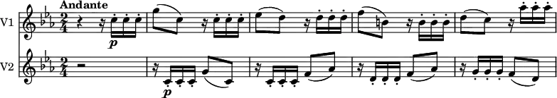 
<<
  \new Staff \with { instrumentName = #"V1 "}
  \relative c'' {
     \version "2.18.2"
     \key ees \major
     \tempo "Andante"
     \time 2/4
    \tempo 4 = 50		
    r4 r16 c16-.\p c-. c-.
   g'8 (c,)  r16 c16-. c-. c-.
   ees8 (d) r16 d16-. d-. d-.
   f8 (b,) r16 b16-. b-. b-.
   d8 (c) r16 aes'16-. aes-. aes-.
  }
  \new Staff \with { instrumentName = #"V2 "}
  \relative c'' {
    \key ees \major
    \time 2/4
    r2 r16 c,16-.\p c-. c-. g'8 (c,)
   r16 c16-. c-. c-. f8 (aes)
   r16 d,16-. d-. d-. f8 (aes)
   r16 g16-. g-. g-. f8 (d)
  }
>>
