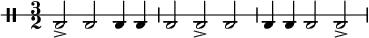 {
  \new DrumStaff \with{
    drumStyleTable = #percussion-style
    \override StaffSymbol.line-count = #1
  } \drummode { \time 3/2 bd2-> bd bd4 bd bd2 bd-> bd bd4 bd bd2 bd-> }
}