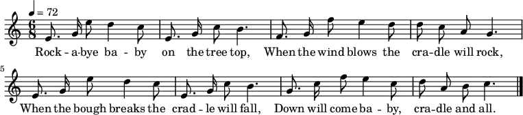 
\relative c' { \autoBeamOff \key c' \major \time 6/8 \tempo 4 = 72
             e8. g16 e'8 d4 c8 | e,8. g16 c8 b4. | f8. g16 f'8 e4 d8 | d8 c8 a8 g4.
             e8. g16 e'8 d4 c8 | e,8. g16 c8 b4. | g8. c16 f8 e4 c8 | d8 a8 b8 c4. \bar "|."

}
\addlyrics {
Rock -- a -- bye ba -- by on the tree top,
When the wind blows the cra -- dle will rock,
When the bough breaks the crad -- le will fall,
Down will come ba -- by, cra -- dle and all.
}
