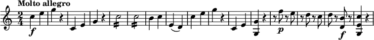 
\relative c'' {
    \version "2.18.2"
    \key c \major
    \time 2/4
    \tempo "Molto allegro"
     c4\f e
     g r4
     c,, e
     g r4
     c2:16 c2:16
     b4 c
     e, (d)
     c' e 
     g r4
     c,, e
     <g, g'> r4
     r8 f''8\p r8 e
     r8 d r8 c
     d r8 <d, b'>\f r8
     <g, e' c'>4 r4  
  }
