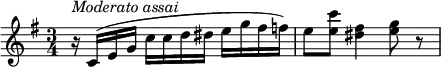 {
  \clef violin \key g \major \time 3/4 \tempo 4 = 80
  \set Score.tempoHideNote = ##t
  r16^\markup{\italic{Moderato assai}} c'( e' g' c'' c'' d'' dis'' e'' g'' fis'' f'')
  e''8 <e'' c'''>( <dis'' fis''>4 <e'' g''>8 r
}